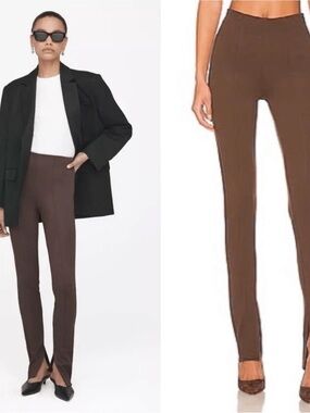 ANINE BING High-Rise Brown Slim Leg Pants with Front Slit